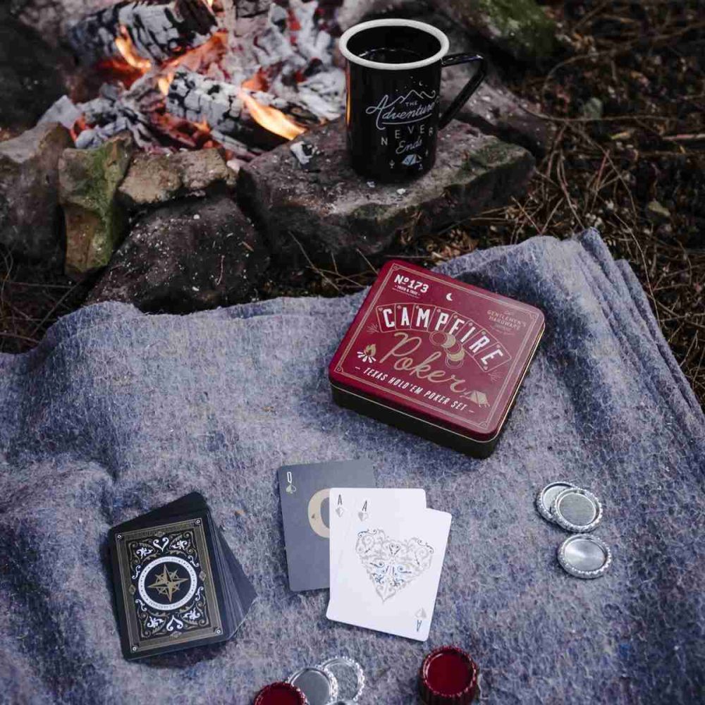 Kit Poker Campfire – 120 Jetons Bouchons + Cartes Etanches – Astuces Survie – Boîte Compacte