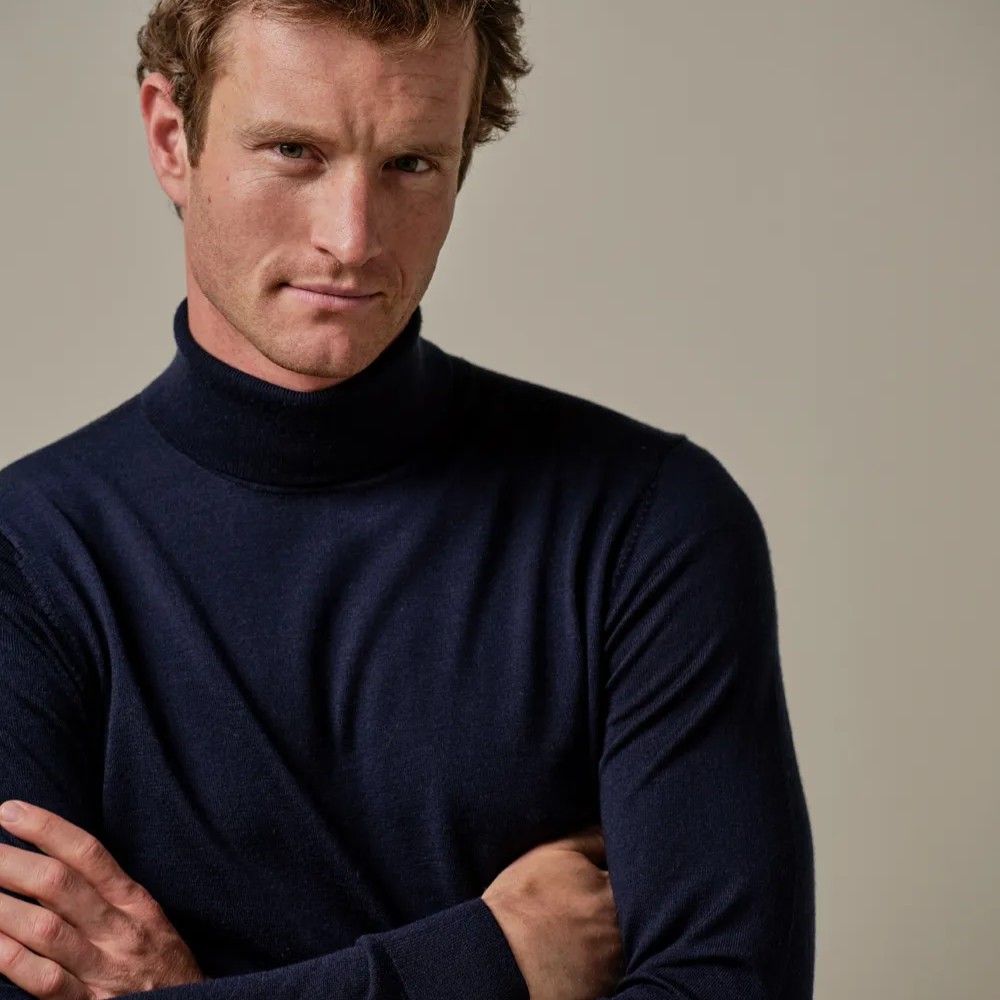 Innerternet Pull à col roulé pour homme à manches longues Ski et sport avec col roulé Pull à manches longues Pull slim fit col roulé Sous-vêtement élastique uni, bleu marine, XXL