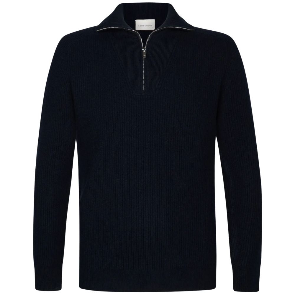 Profuomo Wool Half-Zip Fisherman Sweater - Navy