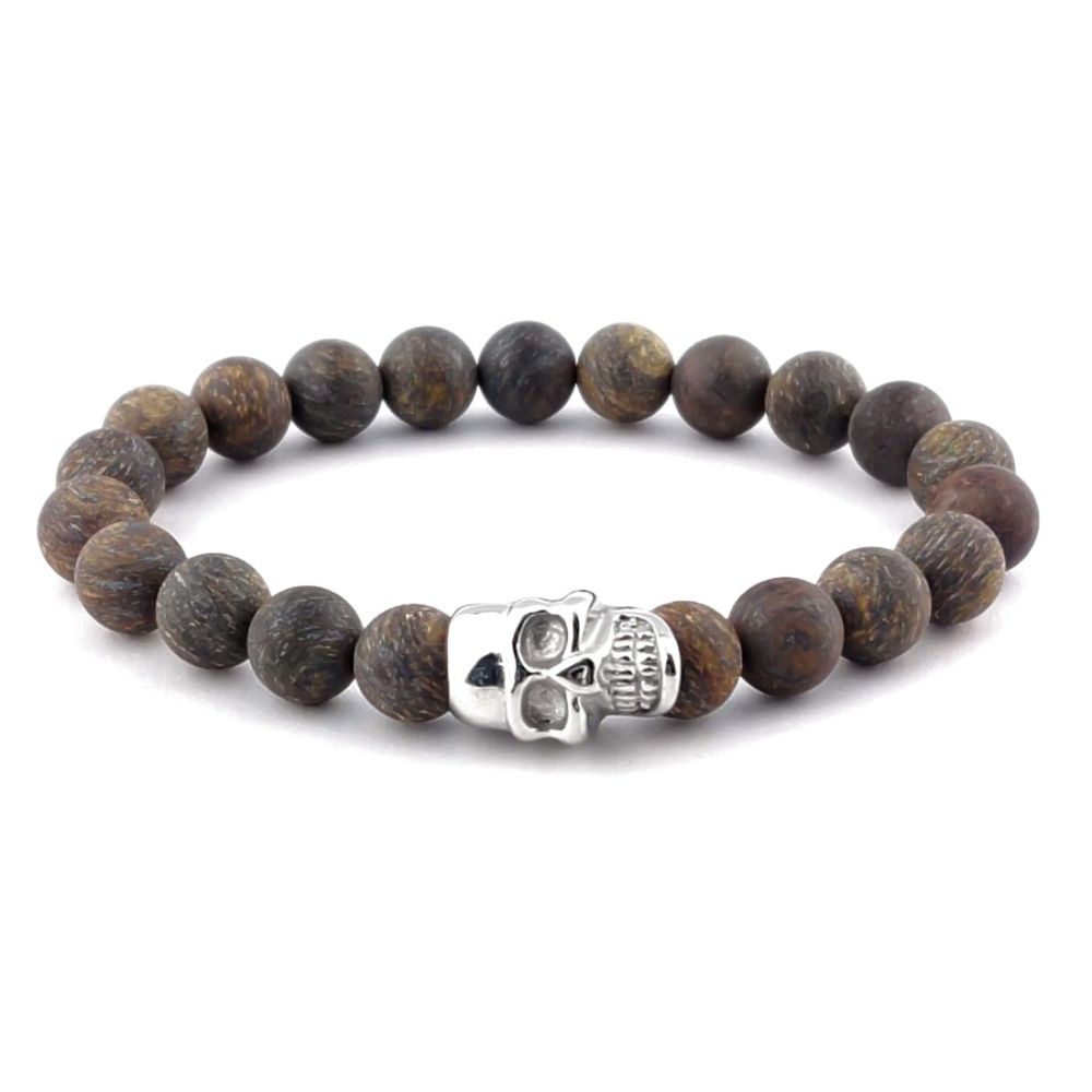 Steel & Barnett Stones Skull Bracelet - matt bronzite