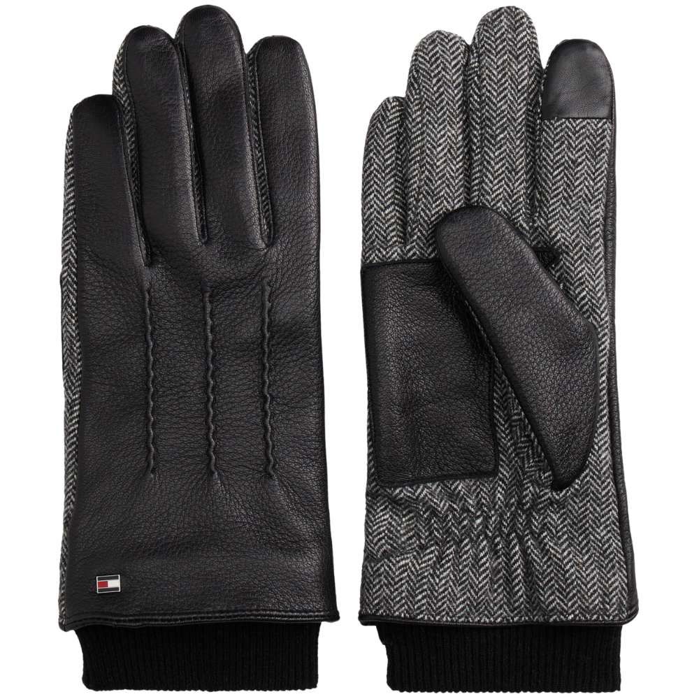 Tommy Hilfiger Leather Herringbone Gloves - Grey