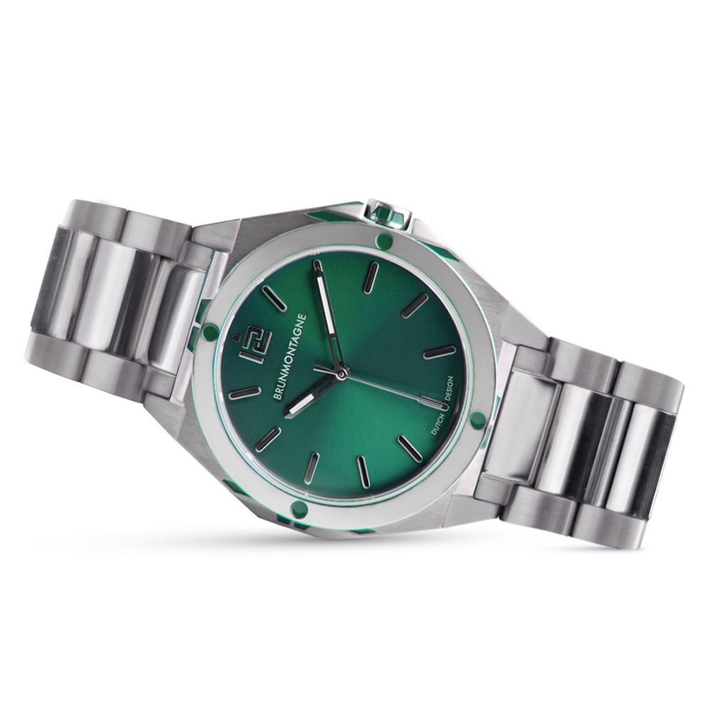 Brunmontagne Representor watch steel strap - silver/green