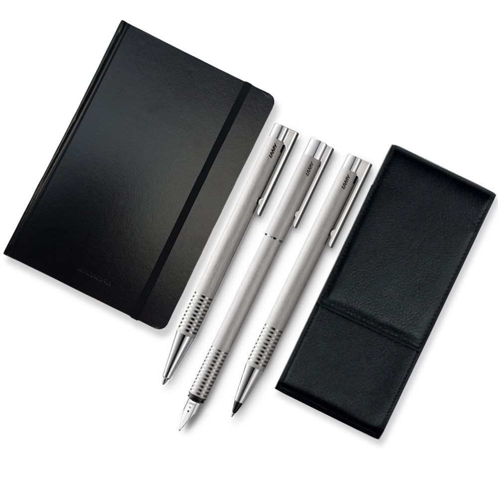 Lamy Set Zwarte Etui - Lamy A203 Pennenetui, Lamy Logo Brushed Pen, Lamy Logo Brushed Potlood, Lamy Logo Brushed Vulpen, Sketchbook Aurora
