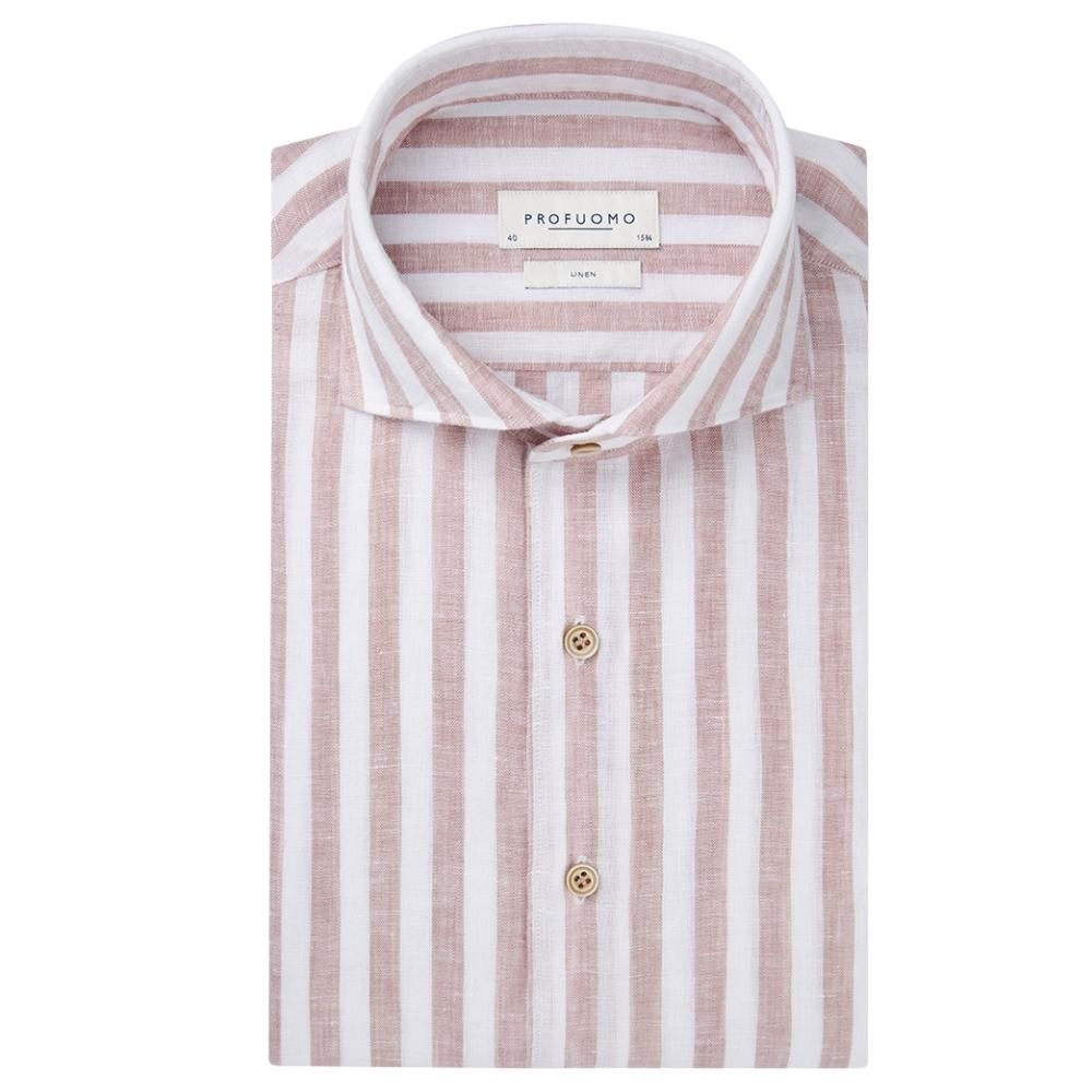 Profuomo Striped Linen Shirt - Dark Pink