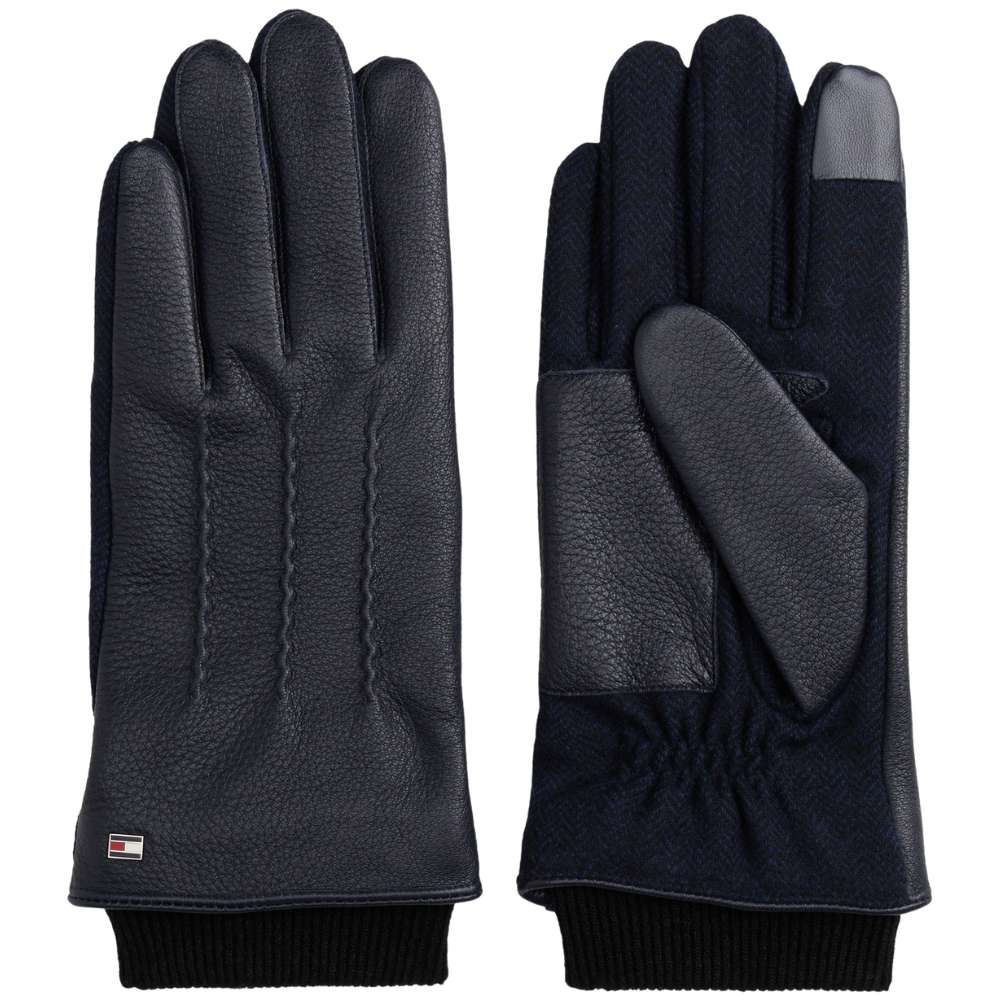 Tommy Hilfiger Leather Herringbone Gloves - Dark Blue