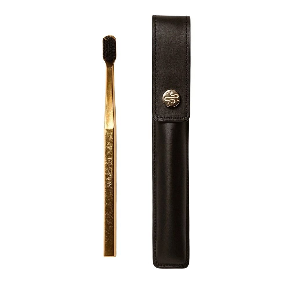 Aurezzi Saffiano Leather Case Flap & Soft Toothbrush - Black
