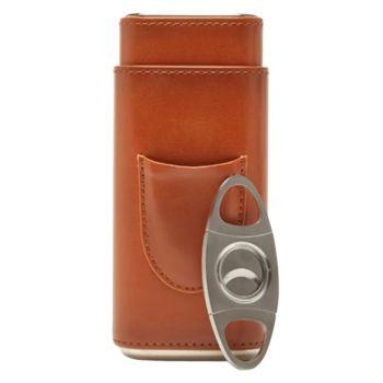 Brouk & Co Ashton 3-Cigar Leather Case With Cutter - Brown