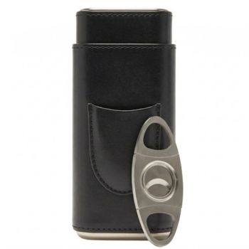 Brouk & Co Ashton 3-Cigar Leather Case With Cutter - Black