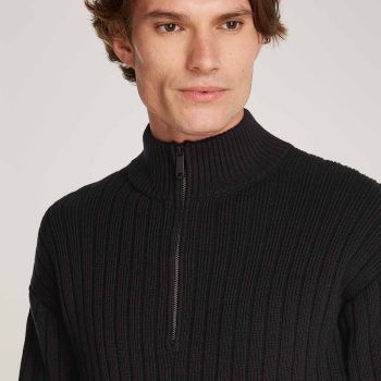 Calvin Klein Gerippter Pullover mit halbem Reißverschluss - Schwarz