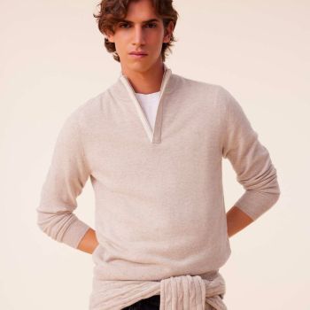 Kujten Finn Kaschmir Pullover mit halbem Reißverschluss - Beige