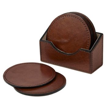 Life Of Riley Set Of 6 Leather Round Coasters With Holder