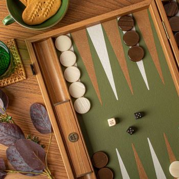 Manopoulos Premium Leatherette Backgammon Set - Caramel Brown & Green