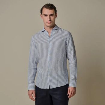 Profuomo Gestreiftes Leinenhemd – Hellblau
