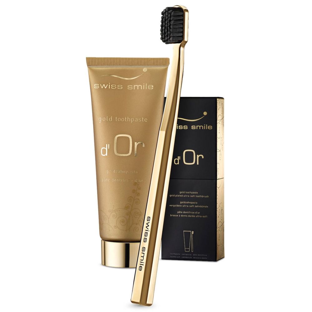 Swiss Smile d'or golden toothgel and toothbrush