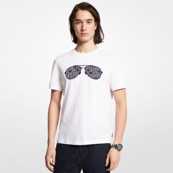 Michael Kors Newsprint Logo Aviator T-Shirt - White 