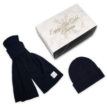 Profuomo Donegal Wool Knitted Scarf & Beanie Set - Navy